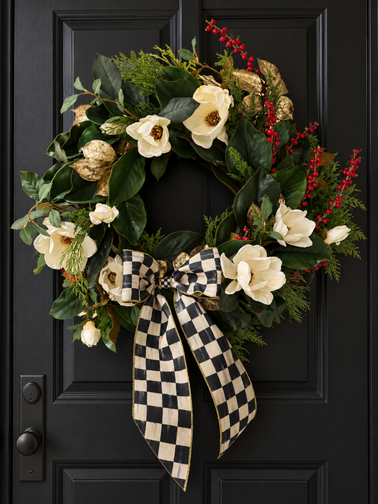 corona floral en puerta negra